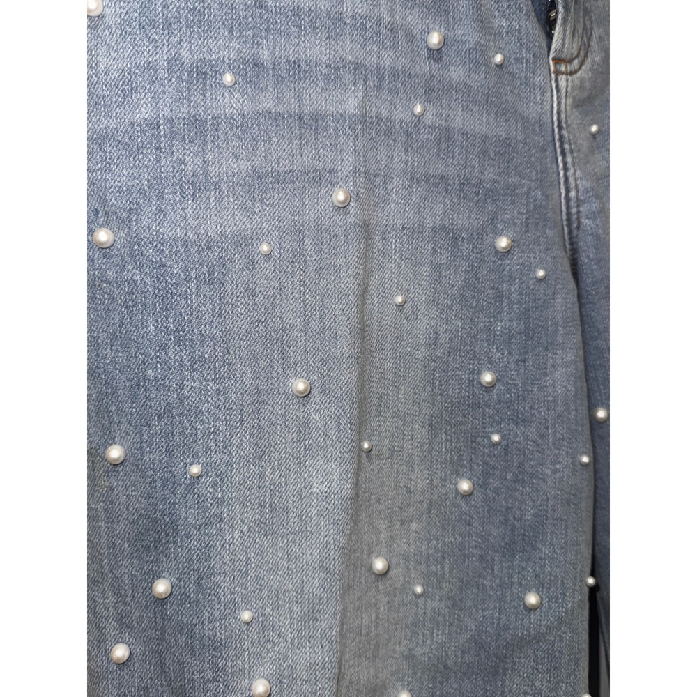 Antonio Melani Pearl Embellished Wide Leg Jeans Light Wash Blue Frayed Hem 12 - Picture 5 of 9